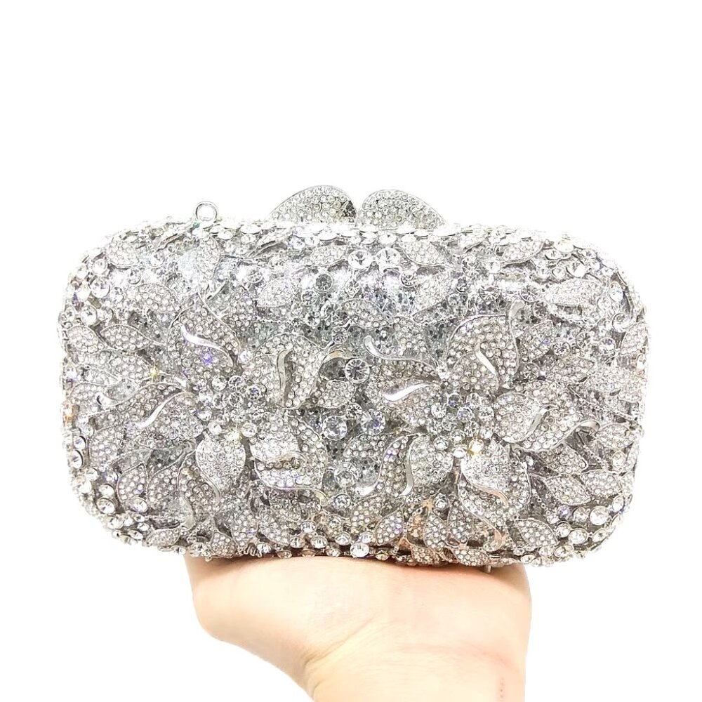 Dazzling Silver Flower Women Crystal Clutch Evening Bags Wedding Party